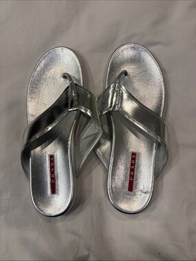 Prada Metallic Silver Leather Thong Sandals